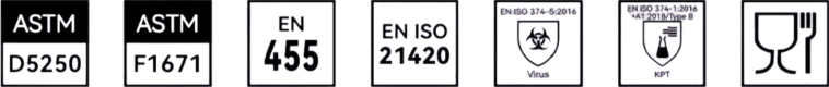 ASTM D5250 · ASTM F1671 · EN 455 · EN ISO 21420 · EN ISO 374-5:2016 · EN ISO 374-1:2016+A1:2018 / Type B
