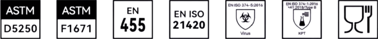 ASTM D5250 · ASTM F1671 · EN 455 · EN ISO 21420 · EN ISO 374-5:2016 · EN ISO 374-1:2016+A1:2018 / Type B