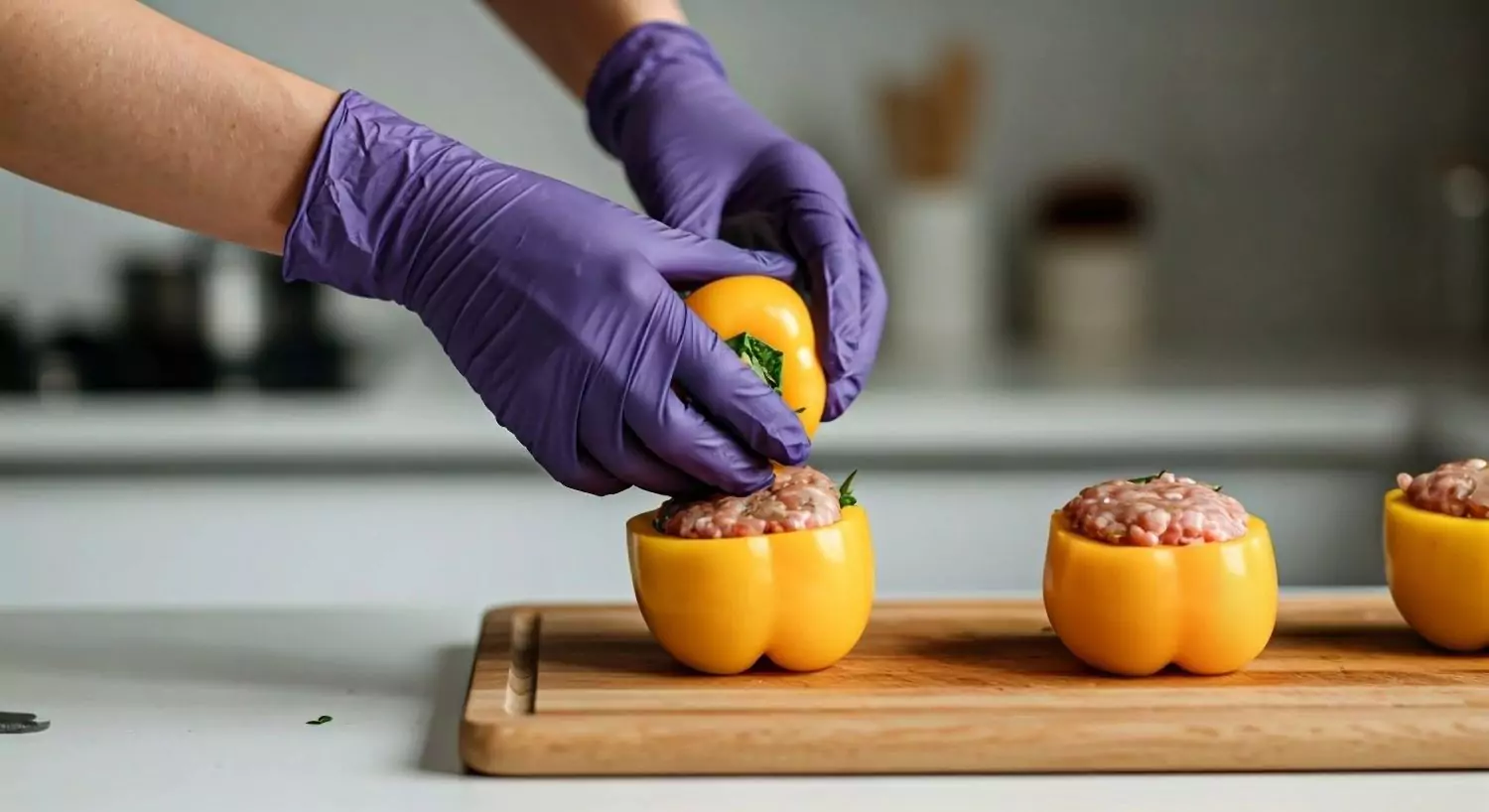 Nitrile Gloves being used to prepare stuffed bell peppers in home cooking