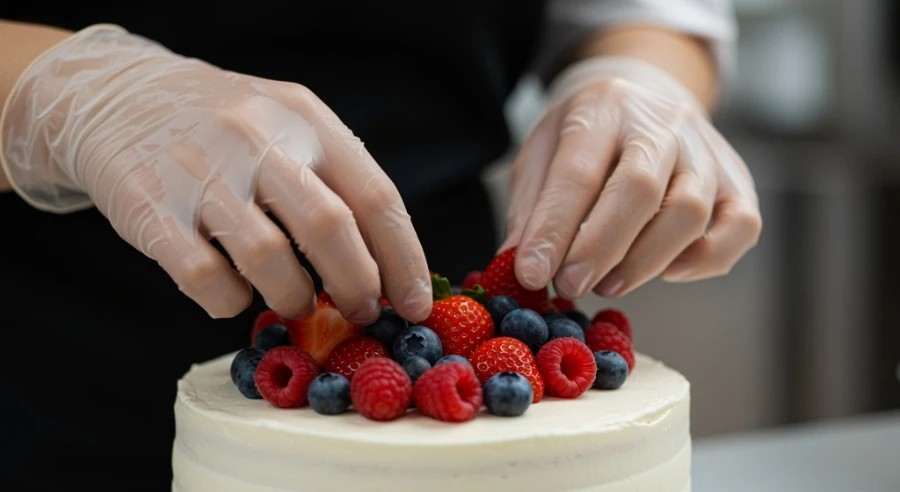 Vinyl Disposable Gloves for Decorating a Cake with Berries