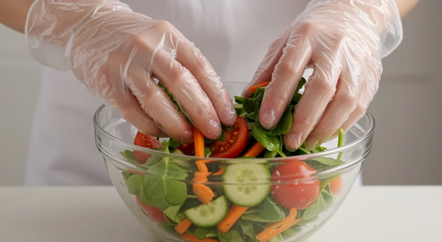 Vinyl Disposable Gloves used in preparing a fresh vegetable salad, ensuring hygiene in food handling.
