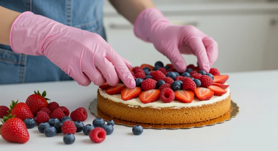 Non-Latex Disposable Gloves for hygienic cake decoration with fresh berries.