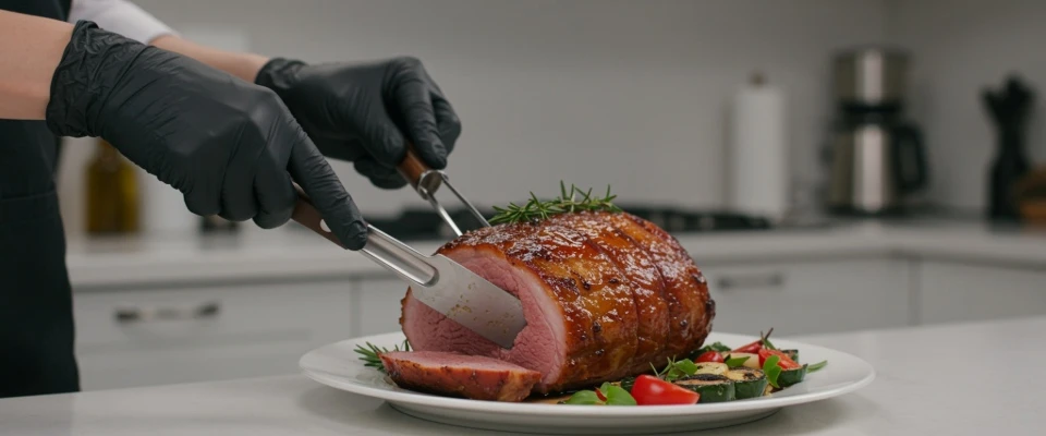 Disposable Gloves for Cooking: Chef slicing roast in kitchen