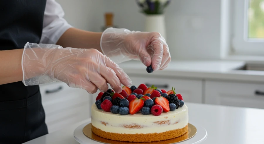 Vinyl gloves for food handling while decorating a cake with fresh berries in a kitchen.