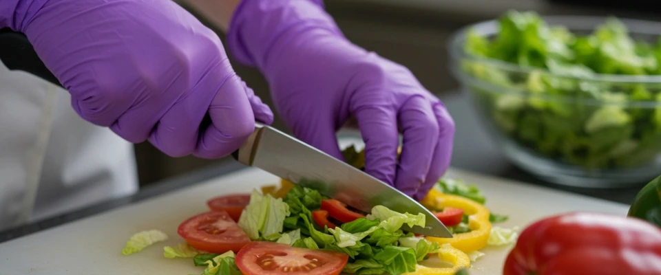 Nitrile Gloves for food preparation, ensuring hygiene while slicing tomatoes and vegetables.