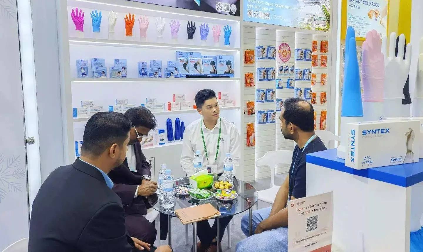 INTCO Medical exhibits at Canton Fair Phase 2 showcasing latex-free gloves physical therapy products and medical consumables
