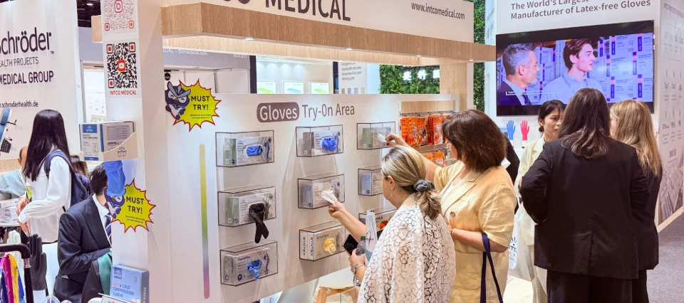 INTCO Medical highlights certified latex-free disposable gloves and integrated healthcare solutions at WHX Dubai.