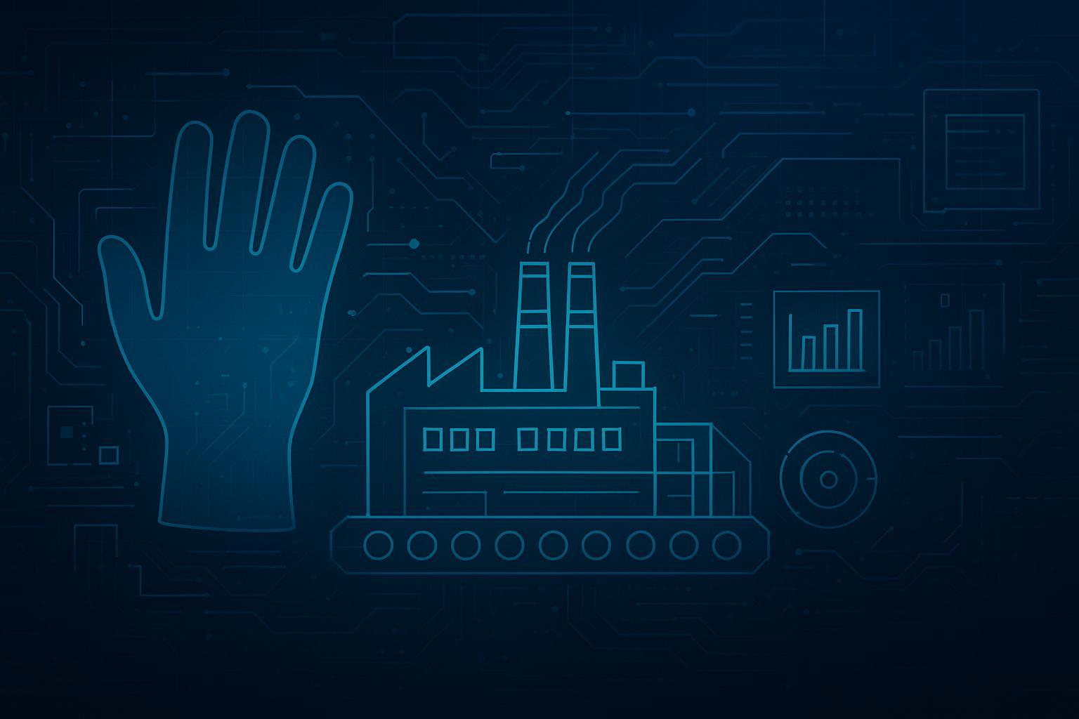 Tech-style illustration of a nitrile gloves factory OEM manufacturing workflow with data overlays