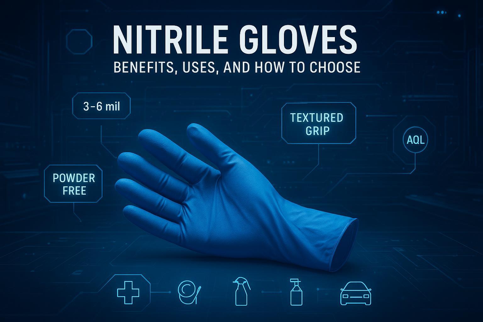 Tech-style illustration of nitrile gloves with spec overlays for thickness and use cases