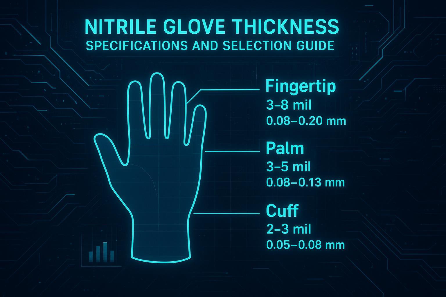Nitrile glove thickness guide showing fingertip, palm, and cuff zones with mil vs mm conversions