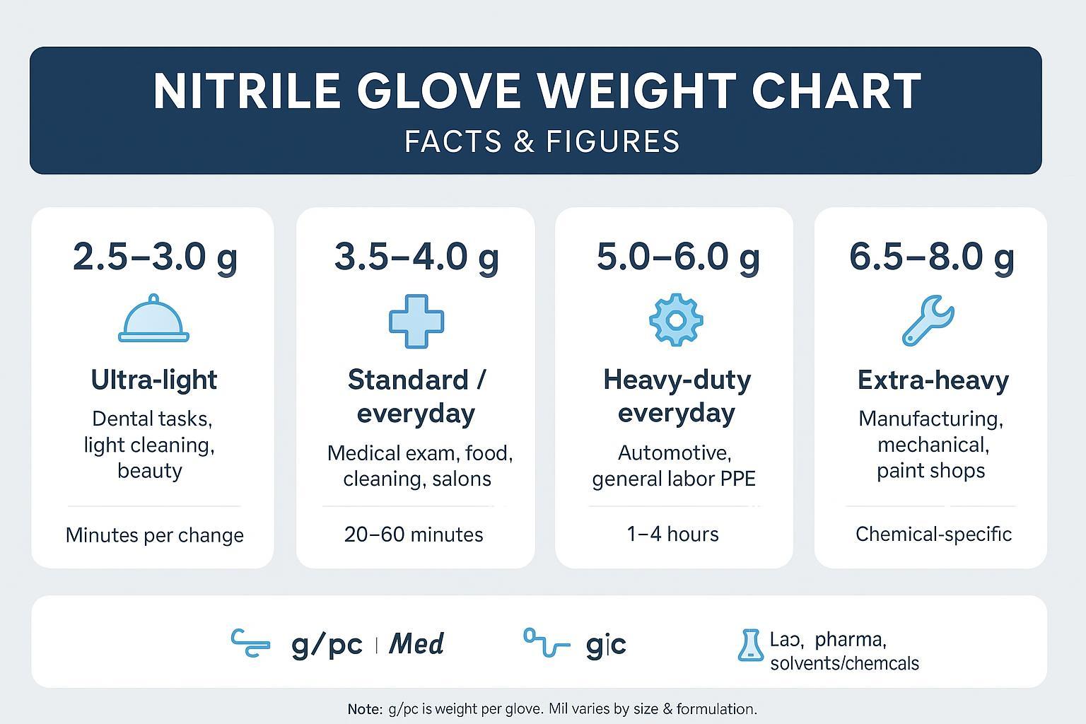 Nitrile glove weight chart infographic (g per glove) with use cases and wear duration